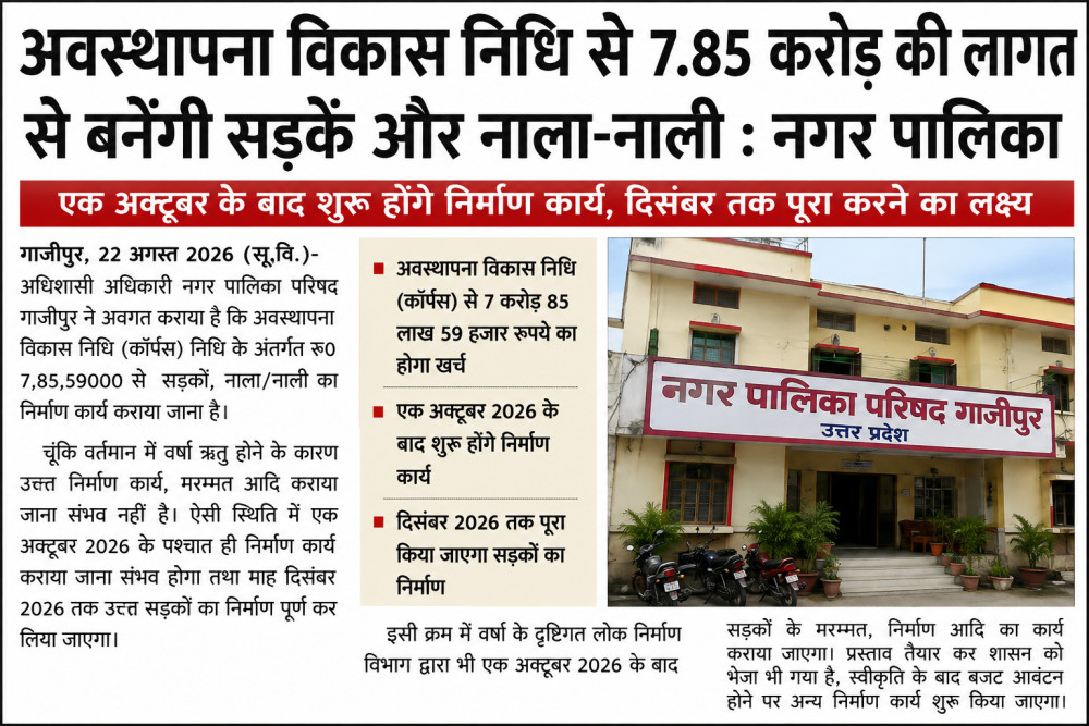 गाजीपुर में 7.85 करोड़ की लागत से होंगी सड़क और नाला-नाली की मरम्मत